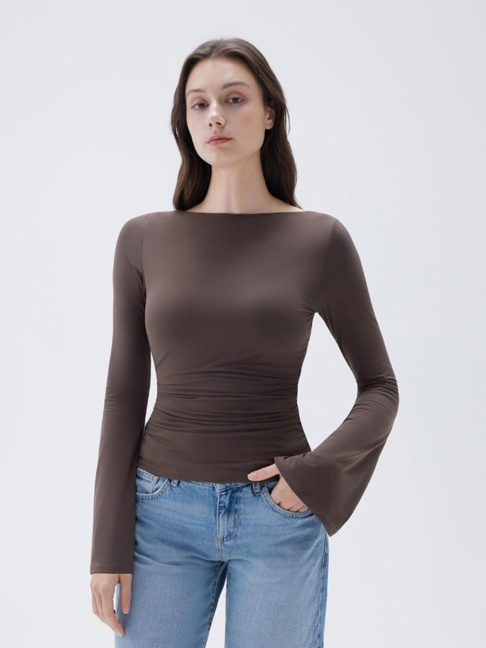 Women's Brown Long Sleeve Crew Neck Double Lined Casual Tops Basic T Shirts - Picture 4 of 6